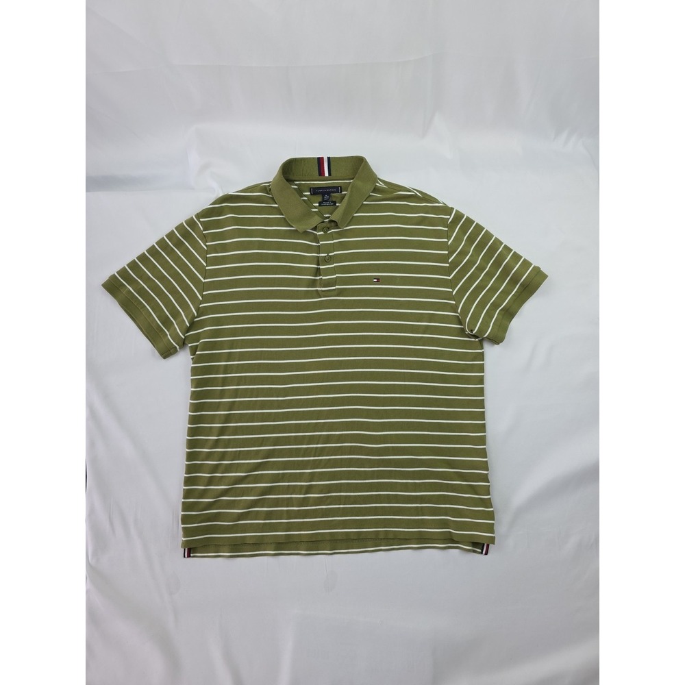Tommy Hilfiger Polo Shirt Mens XL Green White Striped Regular Fit Short Sleeve